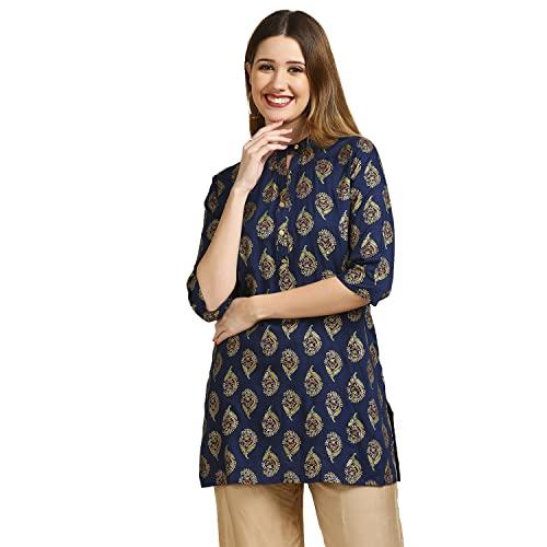 anubhutee women teal blue & golden printed straight short kurti (anu1911042m)