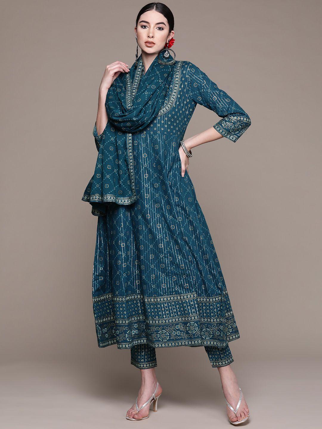 anubhutee women teal ethnic motifs printed mirror work pure cotton kurta with trousers & with dupatta