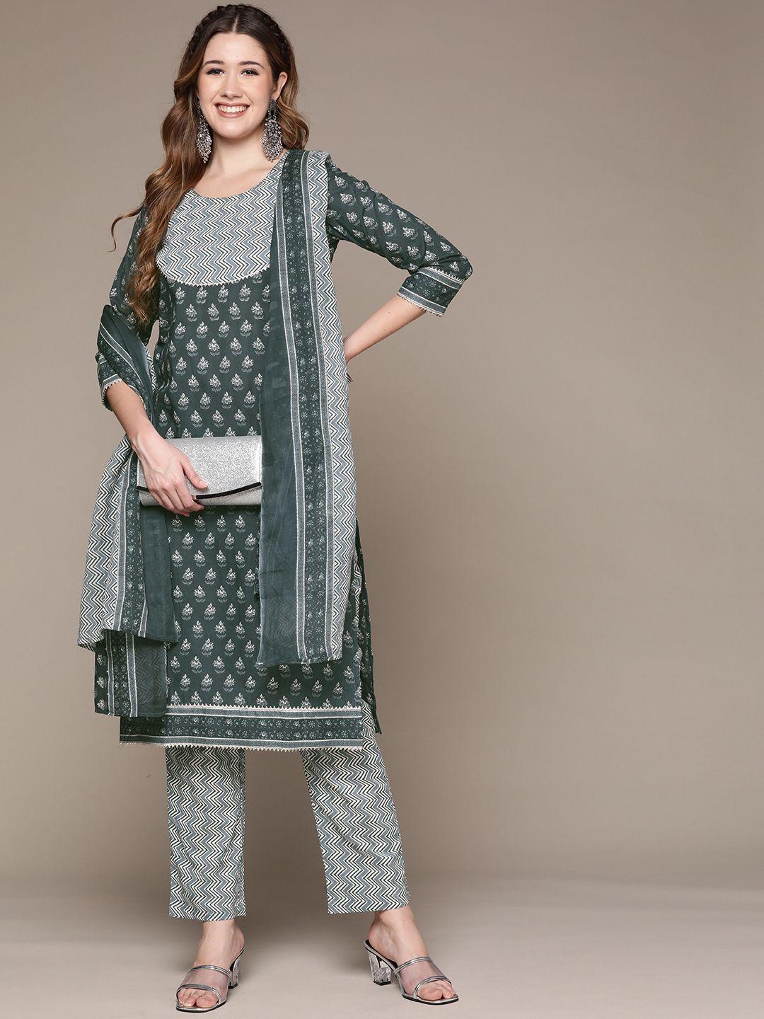 anubhutee women teal ethnic motifs printed pure cotton kurta with trousers & with dupatta