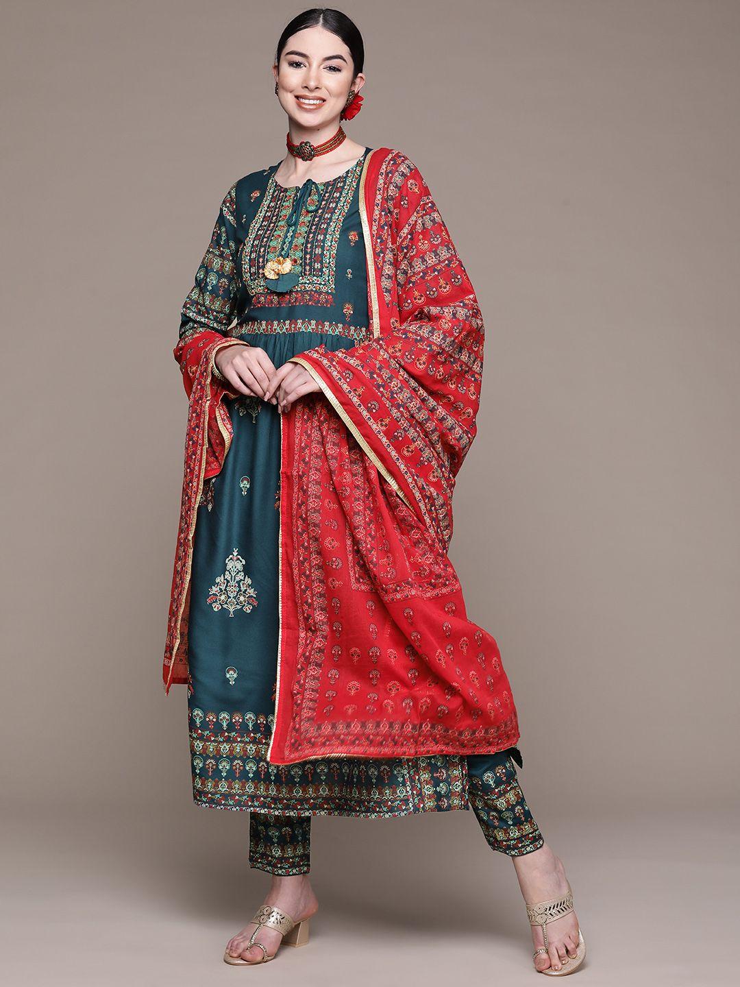 anubhutee women teal ethnic motifs thread work kurta with palazzos & with dupatta