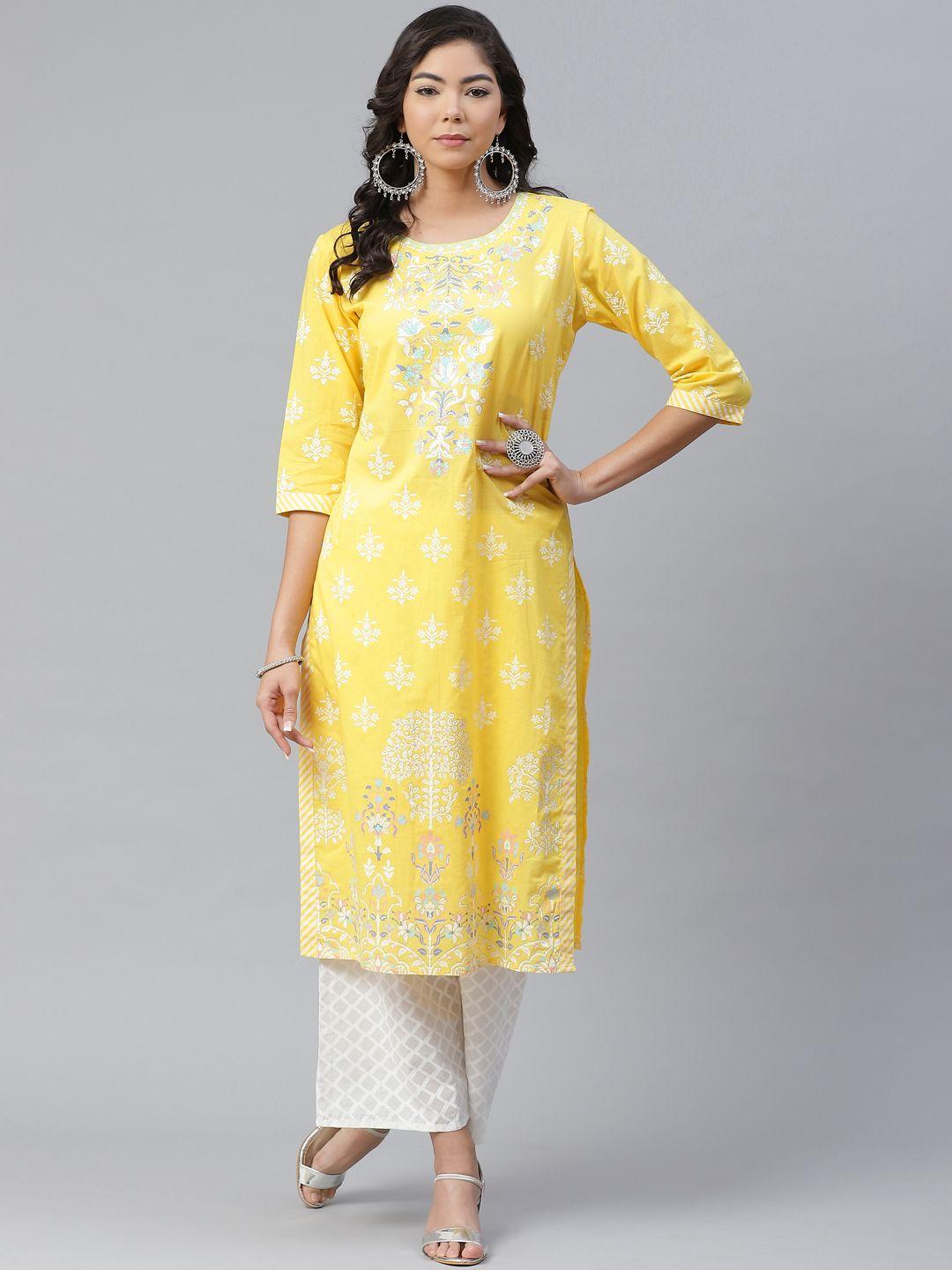 anubhutee women yellow & green pure cotton ethnic motifs printed kurta with palazzos