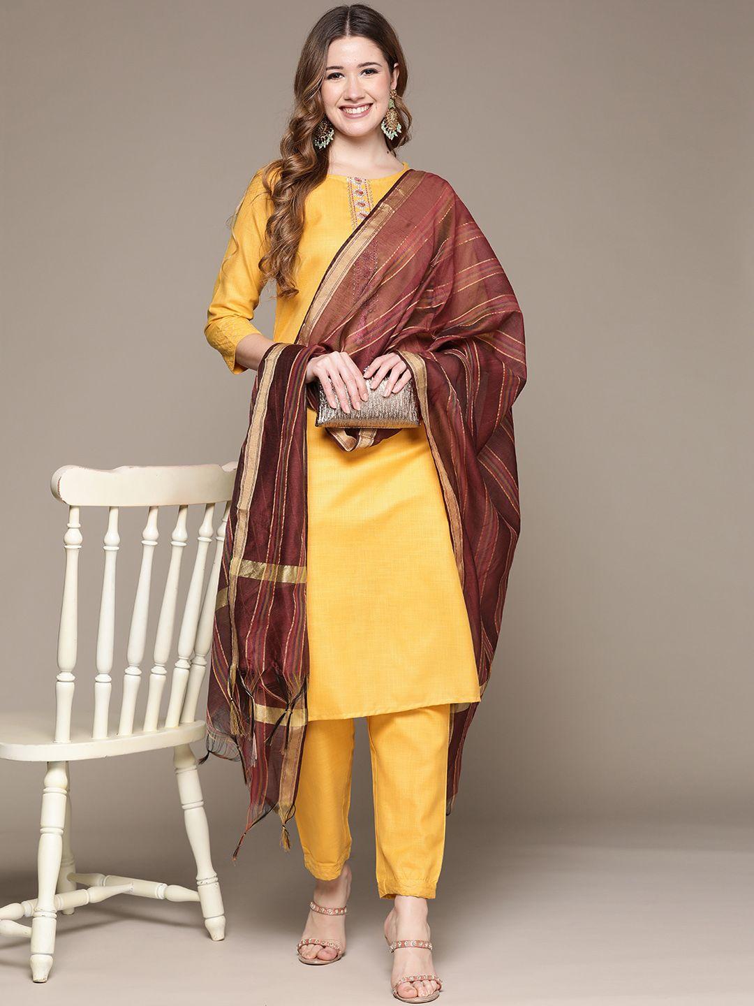 anubhutee women yellow ethnic motifs embroidered gotta patti kurta with trousers & dupatta