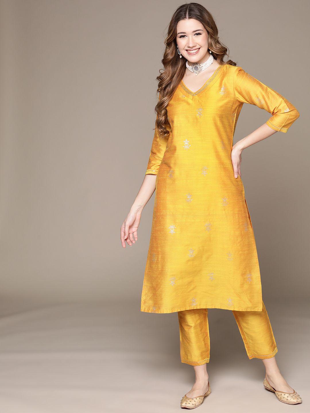 anubhutee women yellow ethnic motifs printed sequinned kurta with trousers
