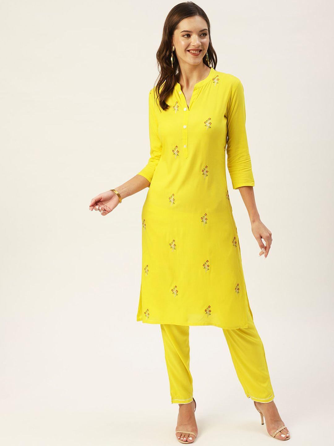 anubhutee women yellow floral embroidered thread work kurta with trousers