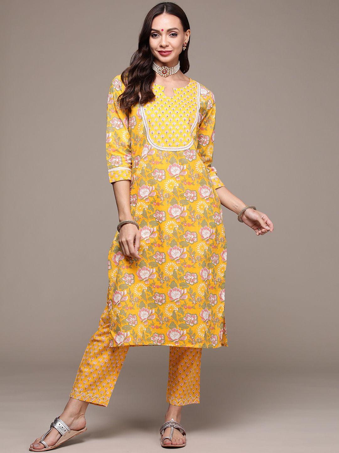 anubhutee women yellow floral printed pure cotton kurta with trousers