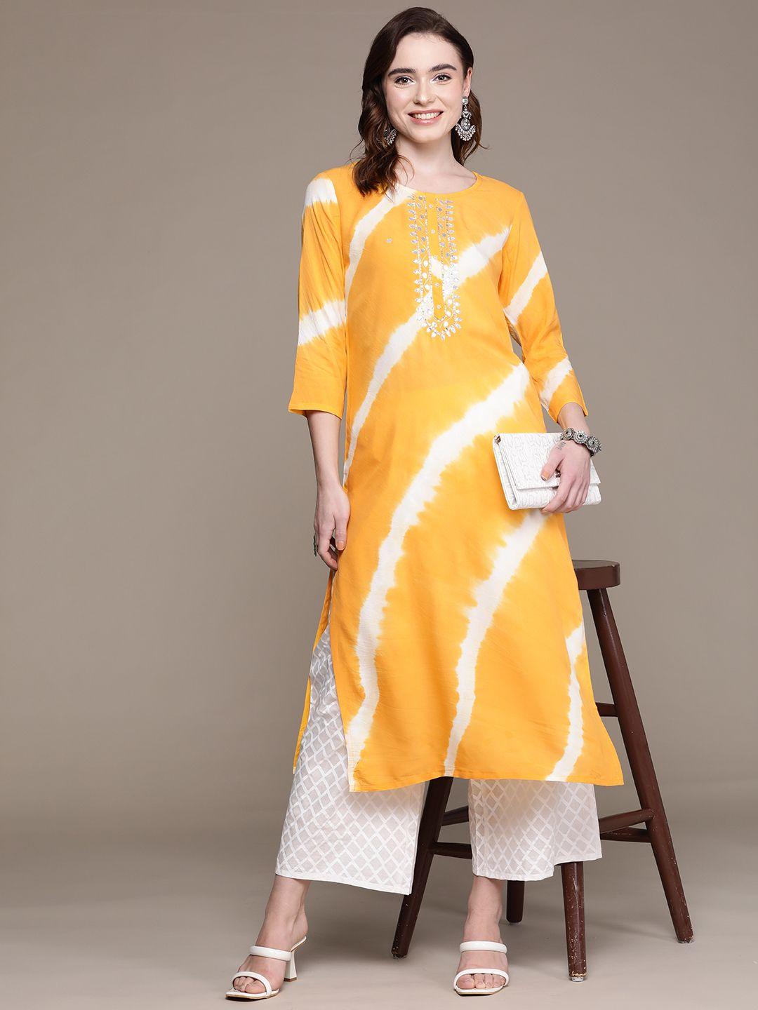 anubhutee women yellow printed mirror work kurta with palazzos