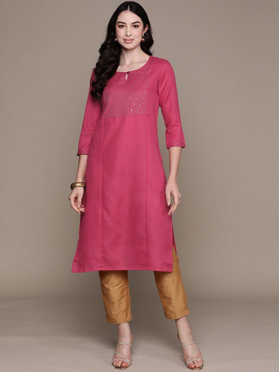 anubhutee women yoke design keyhole neck sequinned cotton kurta