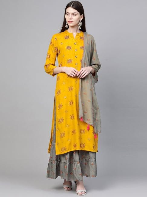 anubhutee yellow & grey embellished kurta sharara set with dupatta