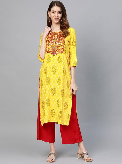 anubhutee yellow & red embroidered kurta palazzo set