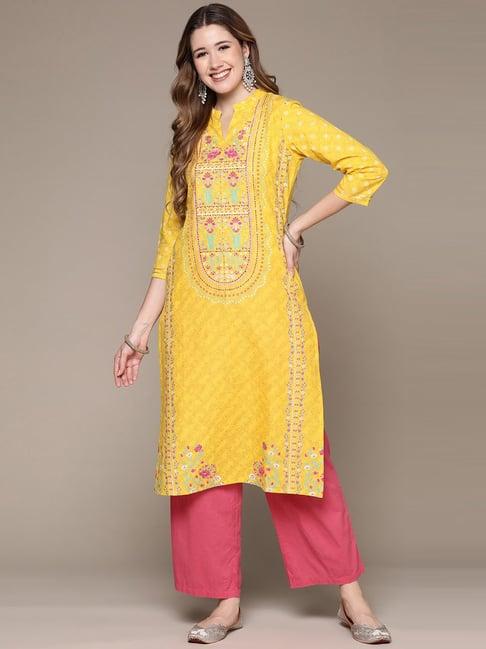 anubhutee yellow cotton embellished straight kurta