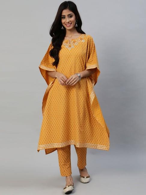 anubhutee yellow cotton embroidered kurta pant set