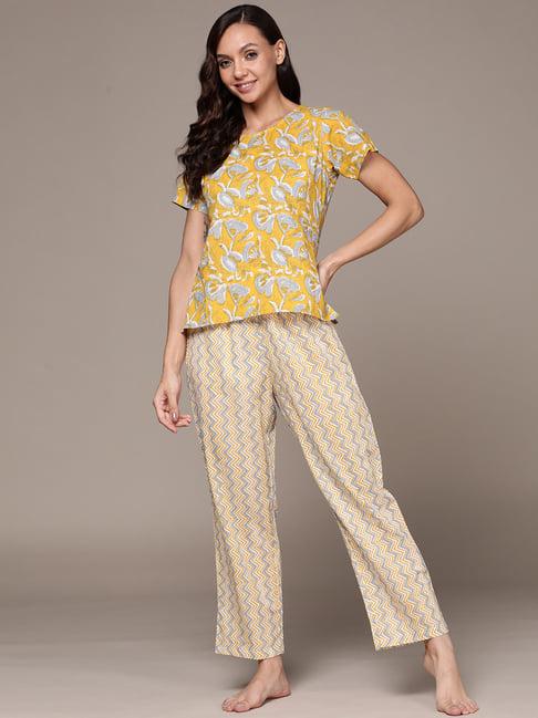 anubhutee yellow cotton floral print top with pyjamas