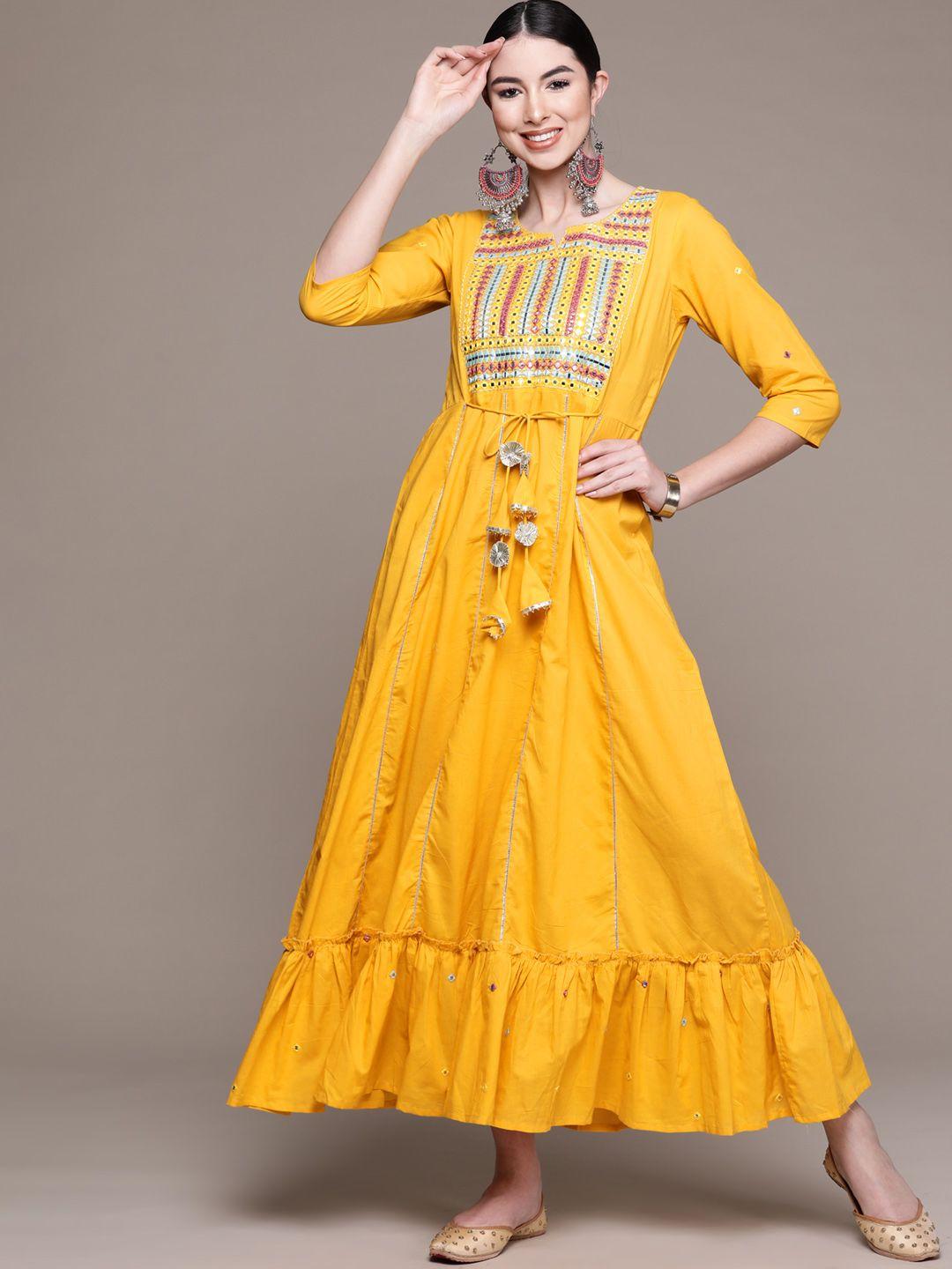 anubhutee yellow embellished ethnic cotton a-line maxi dress