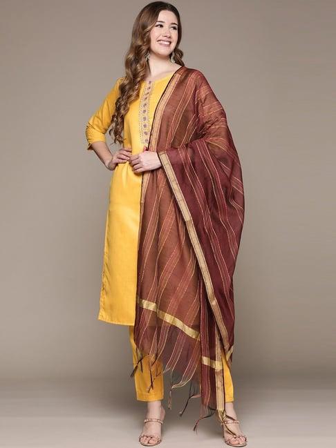 anubhutee yellow embroidered kurta pant set with dupatta