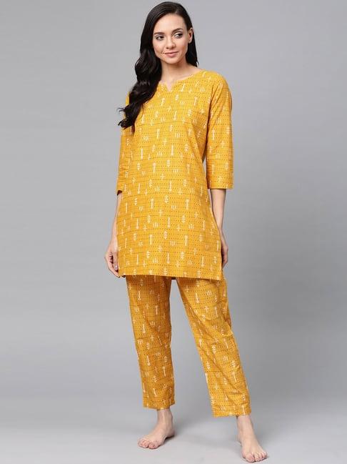 anubhutee yellow printed kurti pyjama set