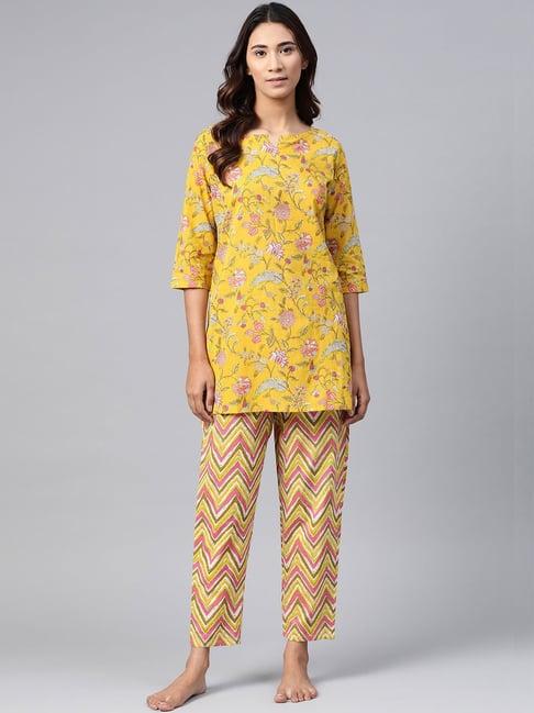 anubhutee yellow printed kurti pyjama set