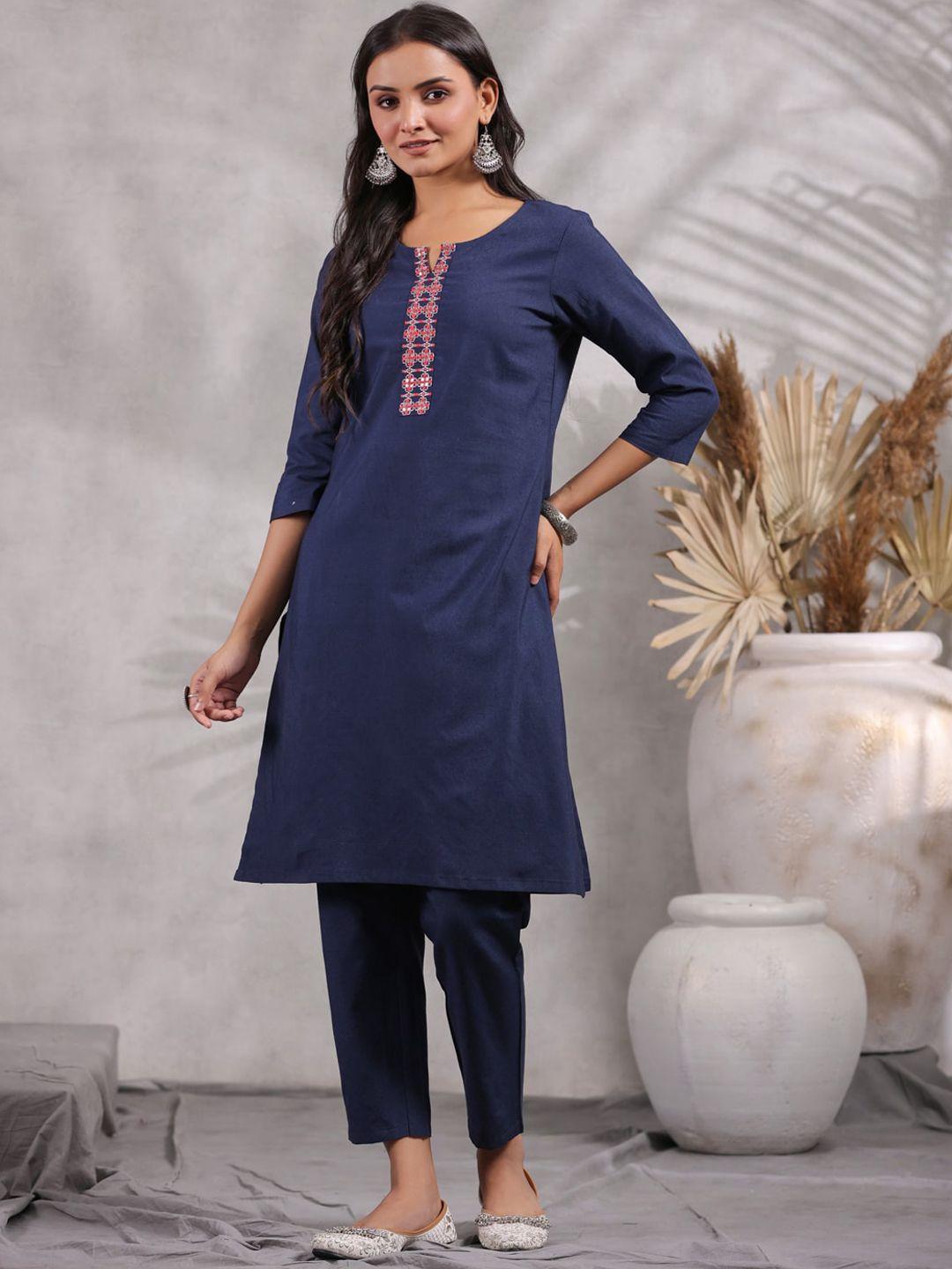 anubhutee yoke design regular thread work pure cotton kurta with trousers
