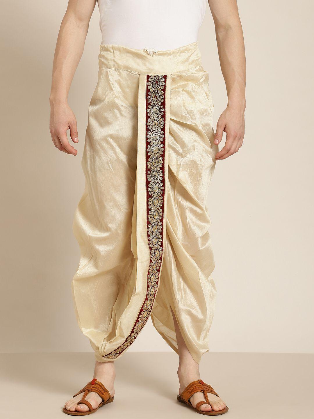 anug by sojanya men beige & maroon solid sequin velvet finish border stitched dhoti