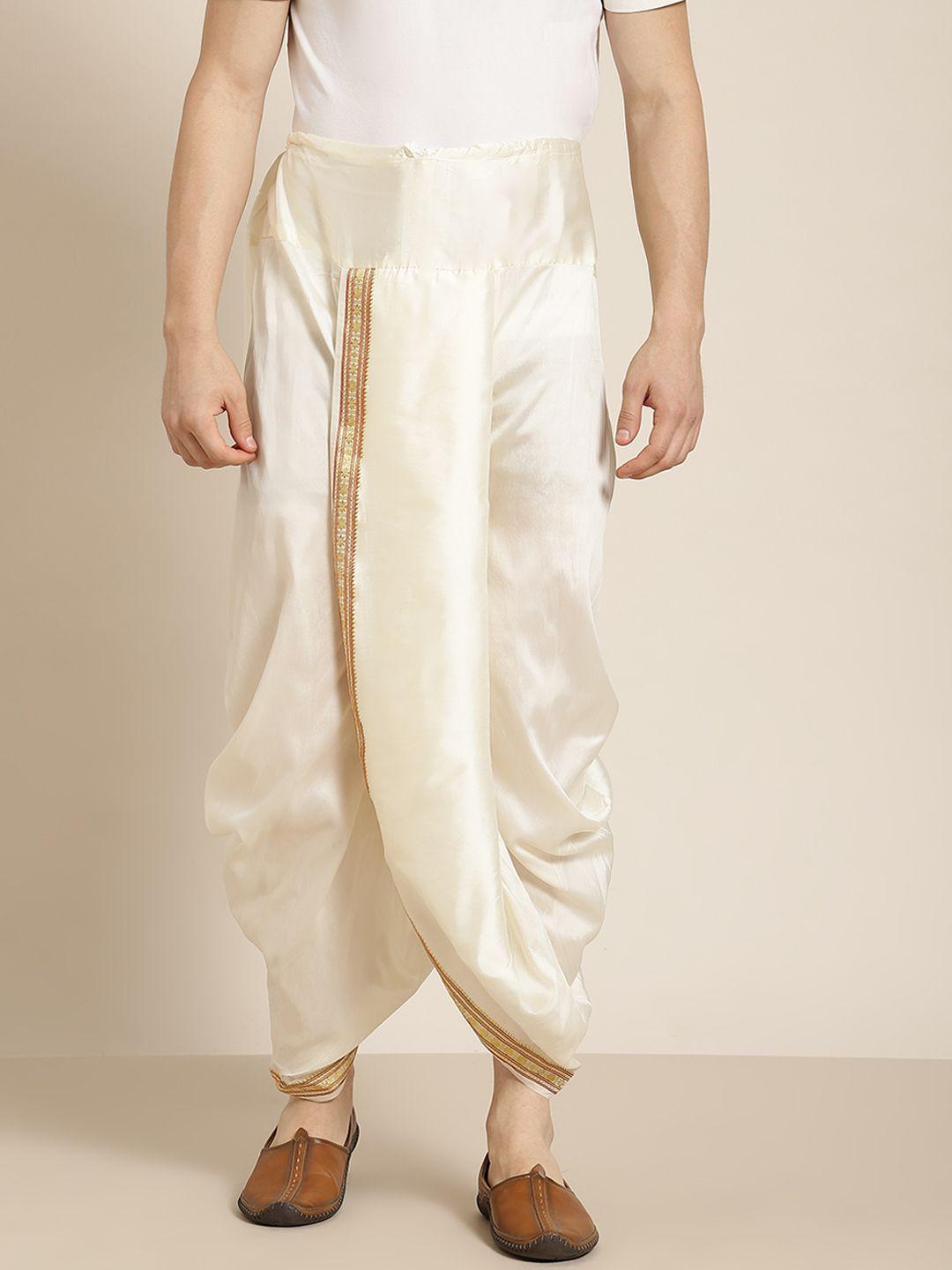 anug by sojanya men off- white & gold solid stitched dhoti with woven design border