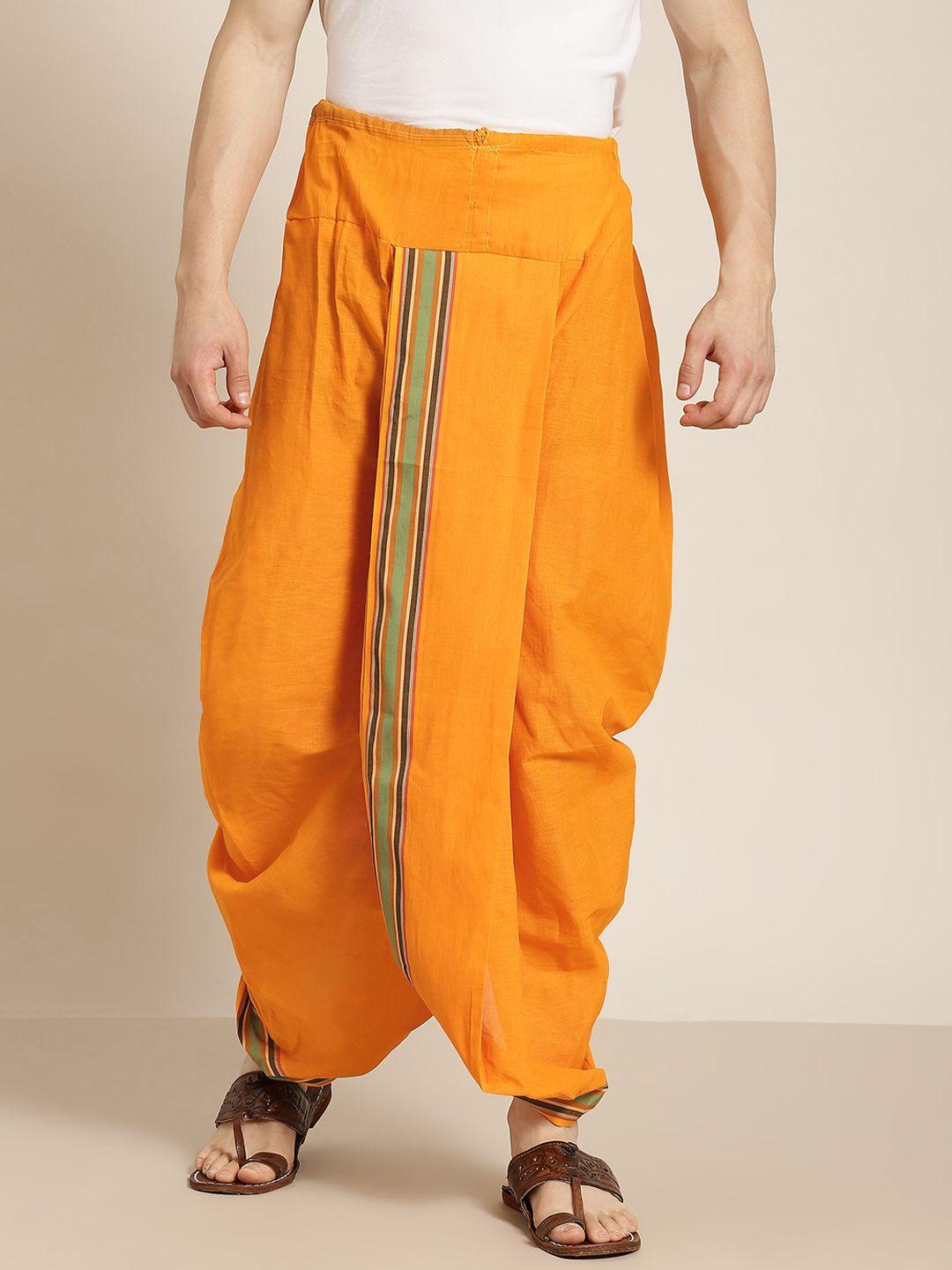 anug by sojanya men orange solid cotton stitched dhoti with striped border