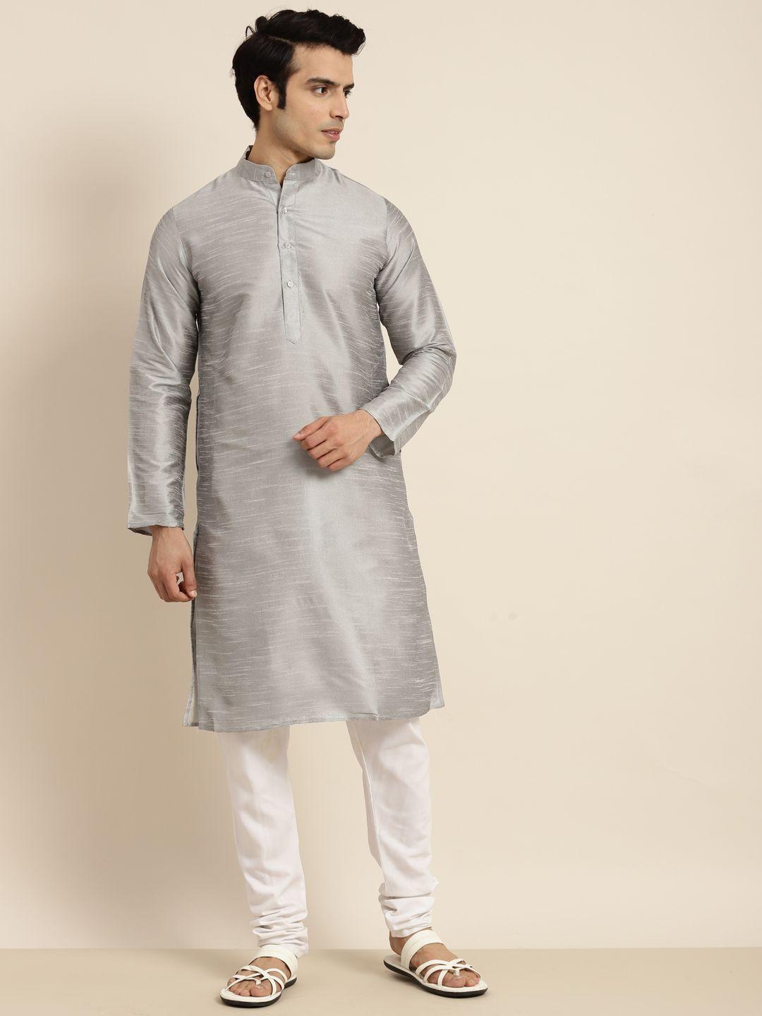 anug by sojanya men silver-toned band collar kurta