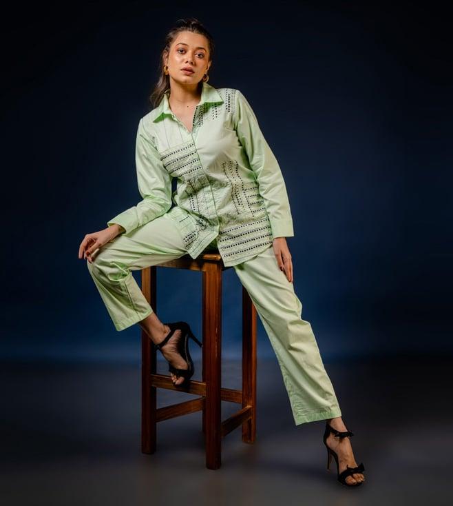 anuja banthia pista green ferns in forest shirt with pant