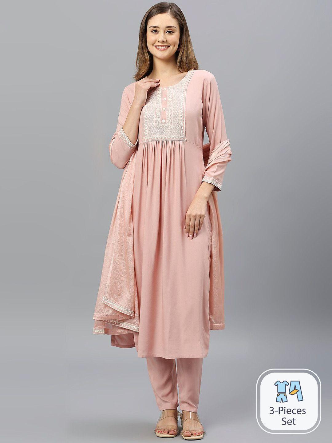 anuthi floral embroidered a-line kurta with trousers & dupatta