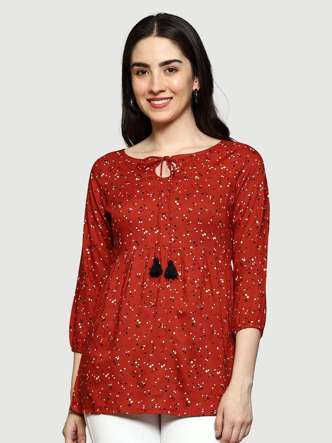 anuthi rust floral print tie-up neck top