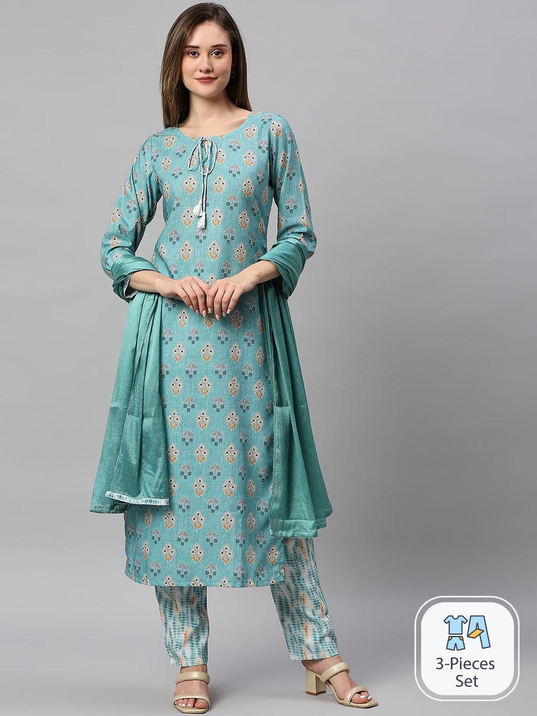 anuthi women blue ethnic motifs printed regular kurta with trousers & with dupatta