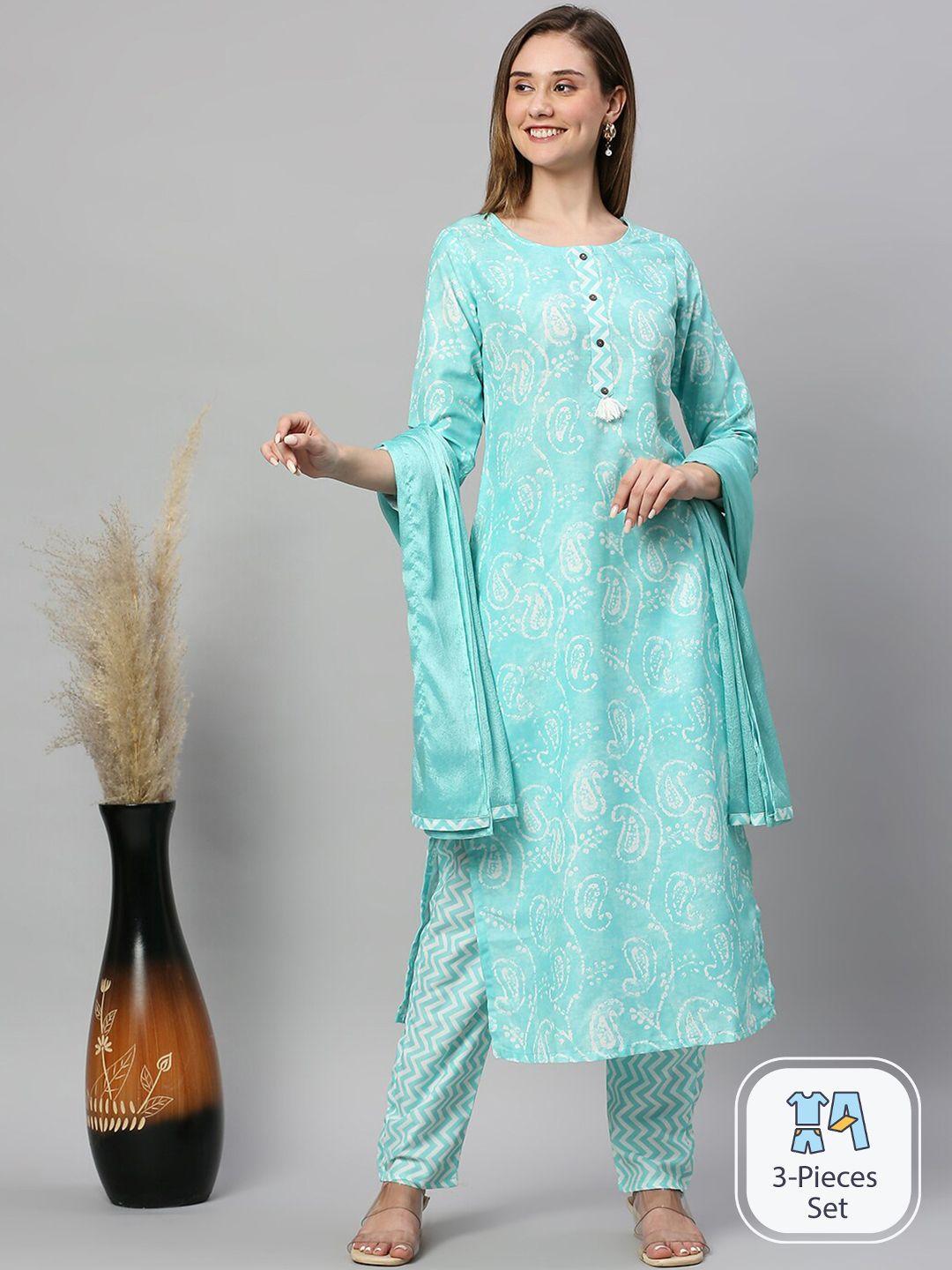anuthi women blue paisley printed regular kurta with trousers & with dupatta