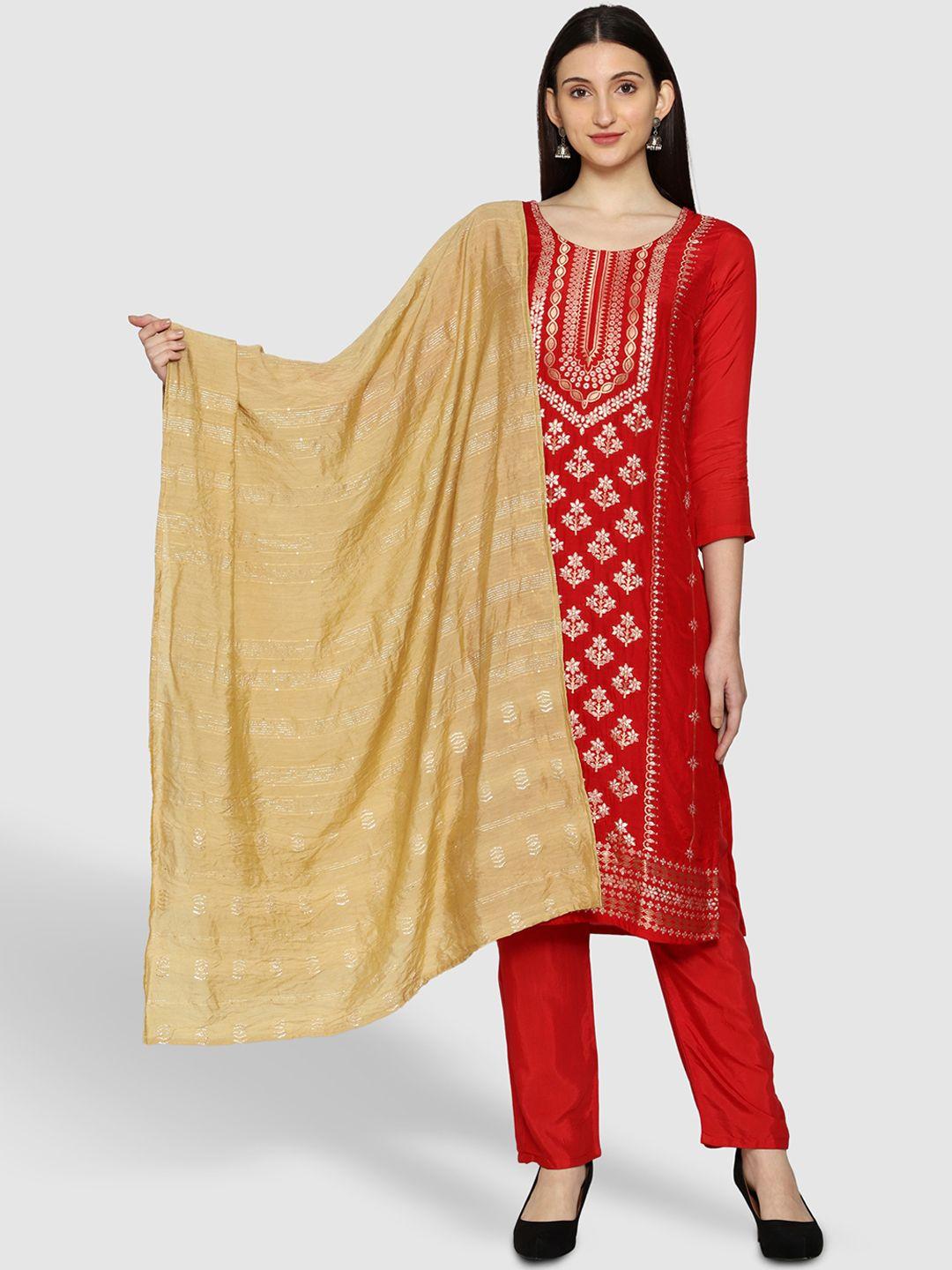 anuthi women red panelled dupion silk kurta with trousers & with dupatta