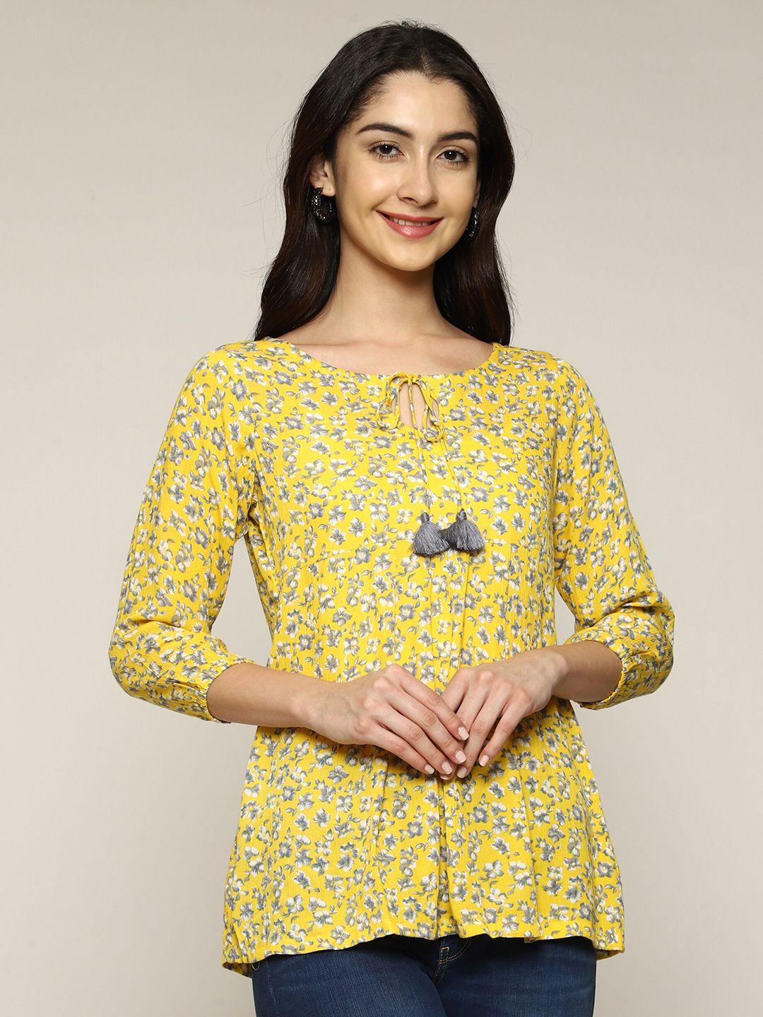 anuthi yellow floral print tie-up neck top