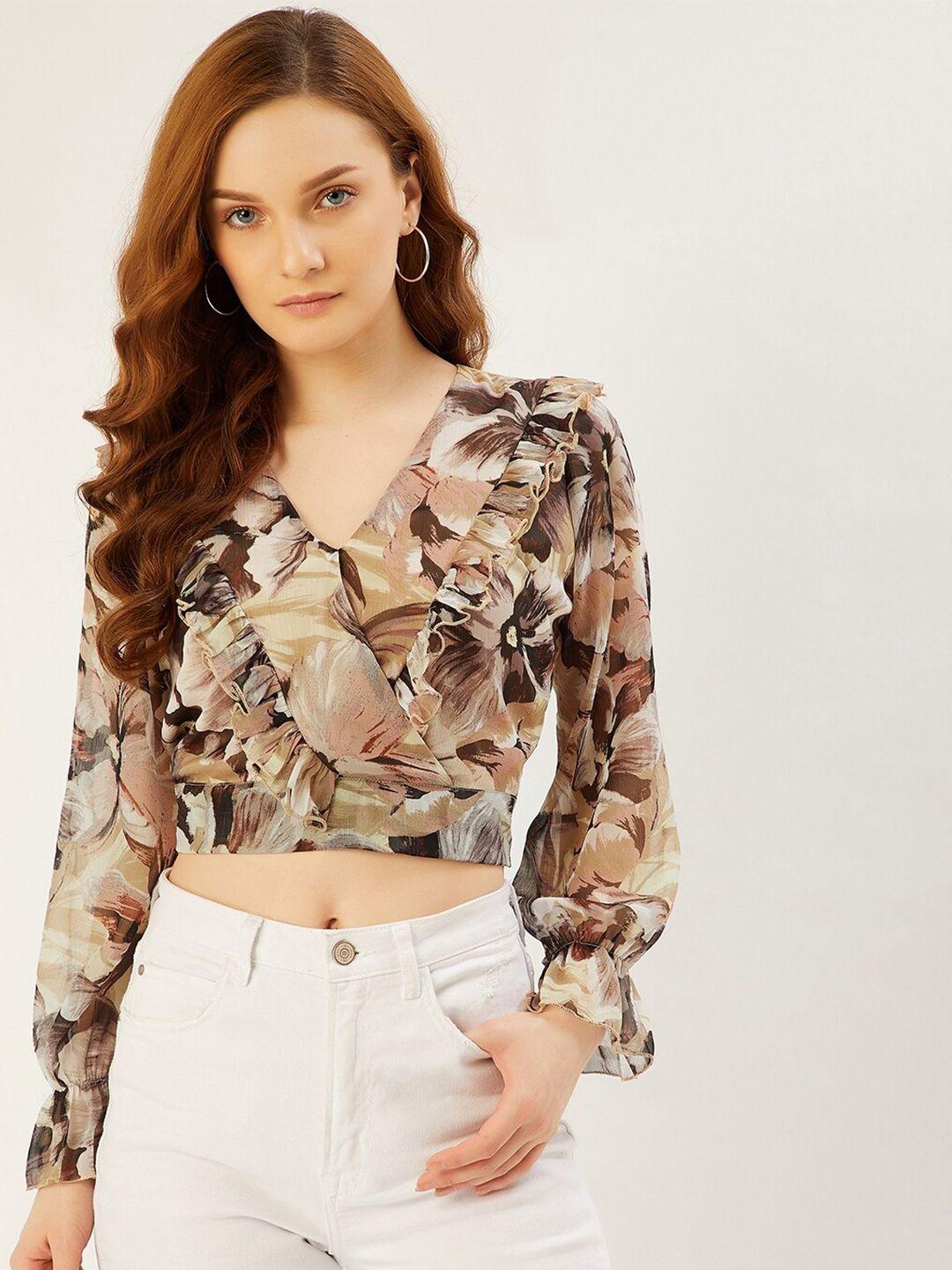 anvi be yourself brown & peach-coloured floral ruffles georgette wrap crop top