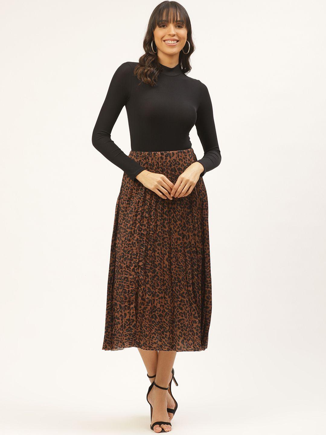 anvi be yourself brown and black leopard print accordion pleated midi a-line skirt