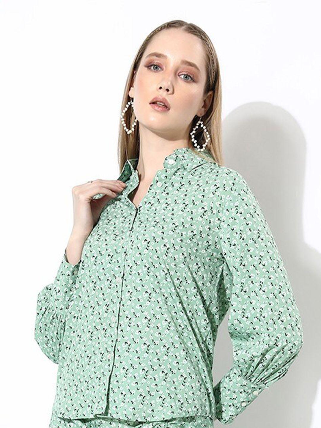 anvi be yourself green & black floral printed shirt collar gathered crepe shirt style top