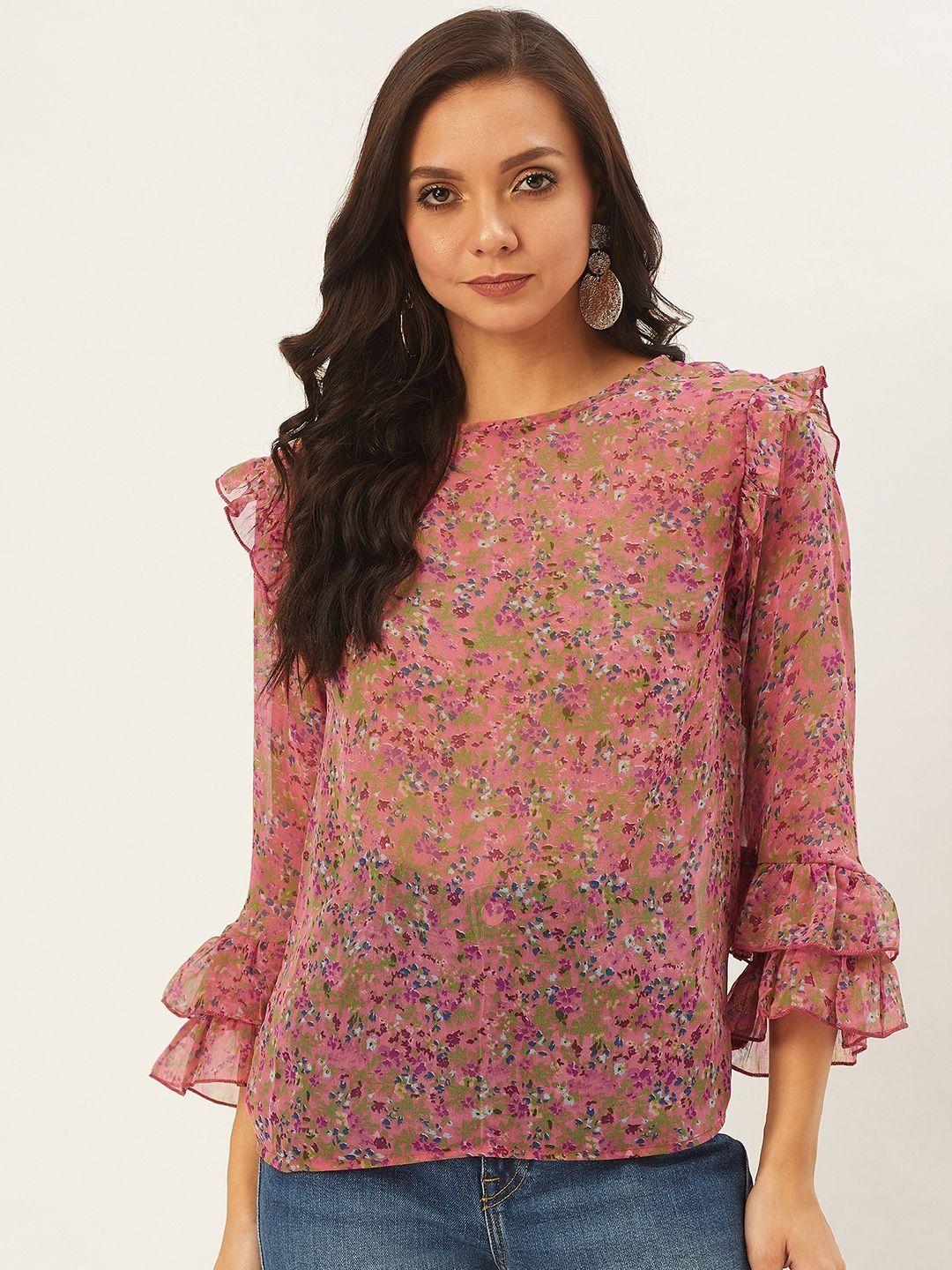 anvi be yourself peach-coloured & green floral print georgette top