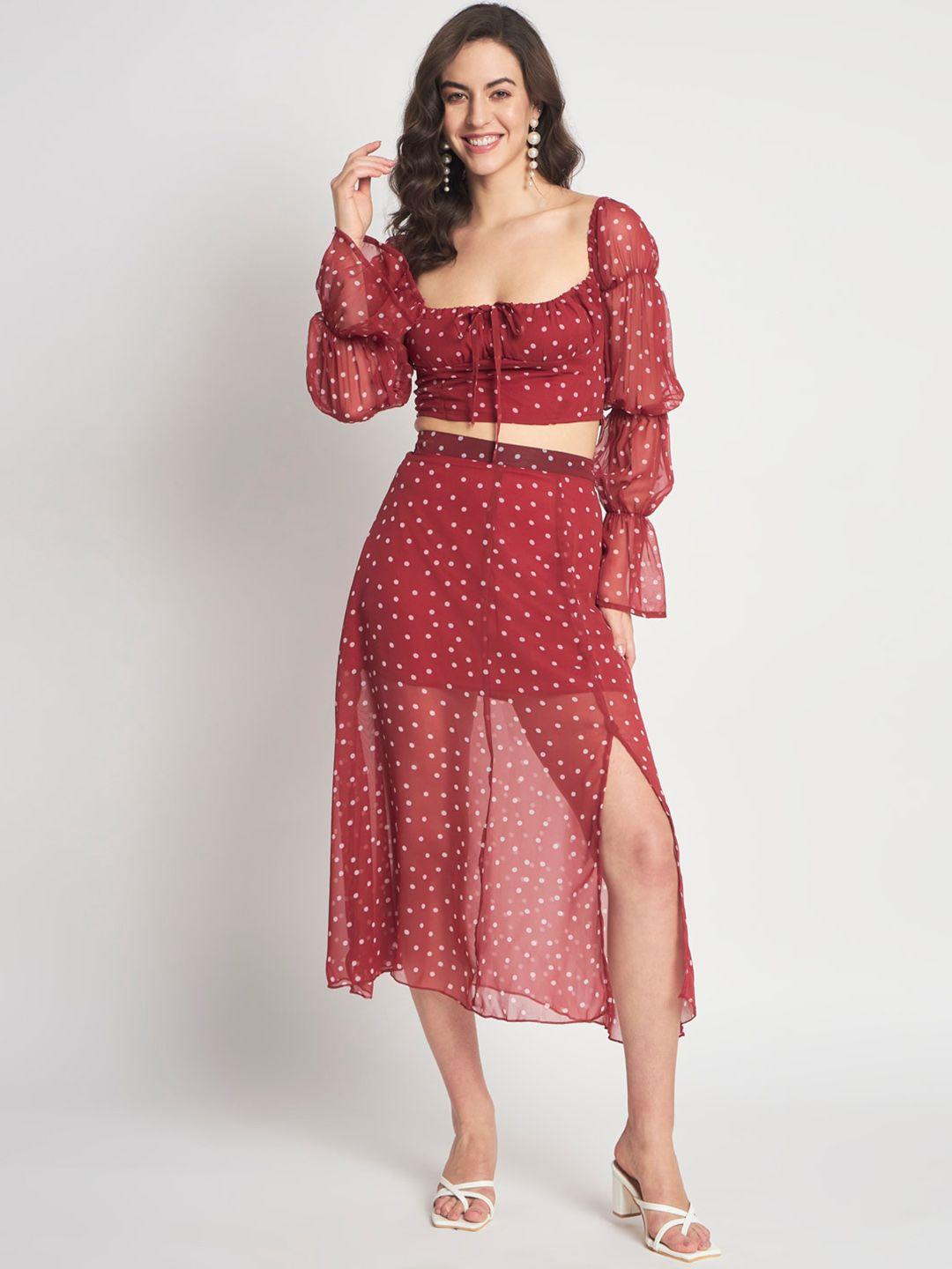 anvi be yourself red polka dots printed tie-up square neck top with skirt