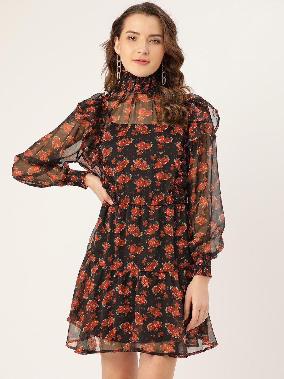 anvi be yourself women black & rust orange floral print tiered a-line dress