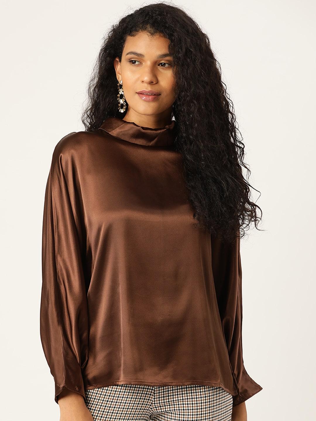 anvi be yourself women brown satin solid formal top