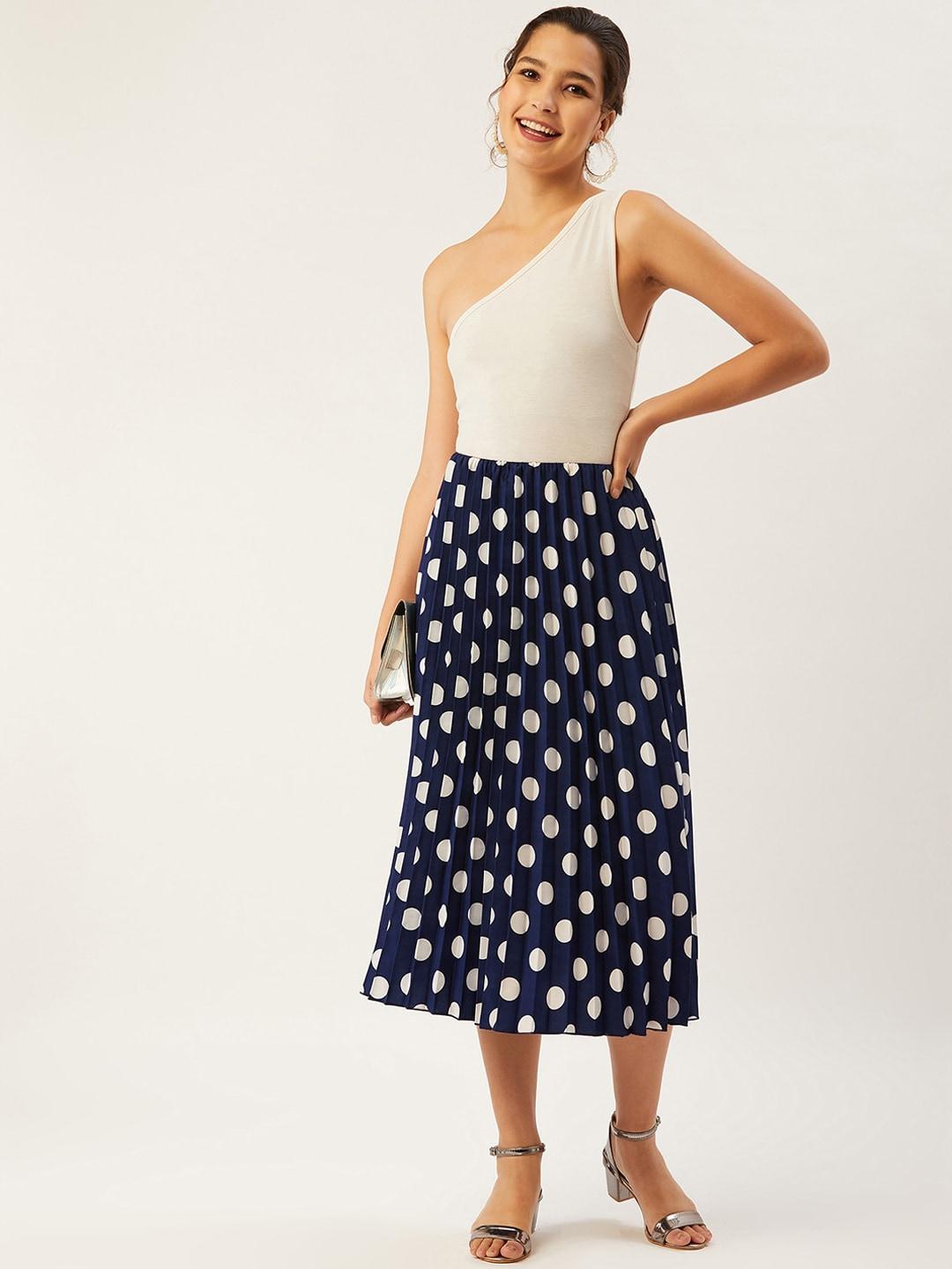 anvi be yourself women navy blue & white polka dot printed pleated a-line midi skirt