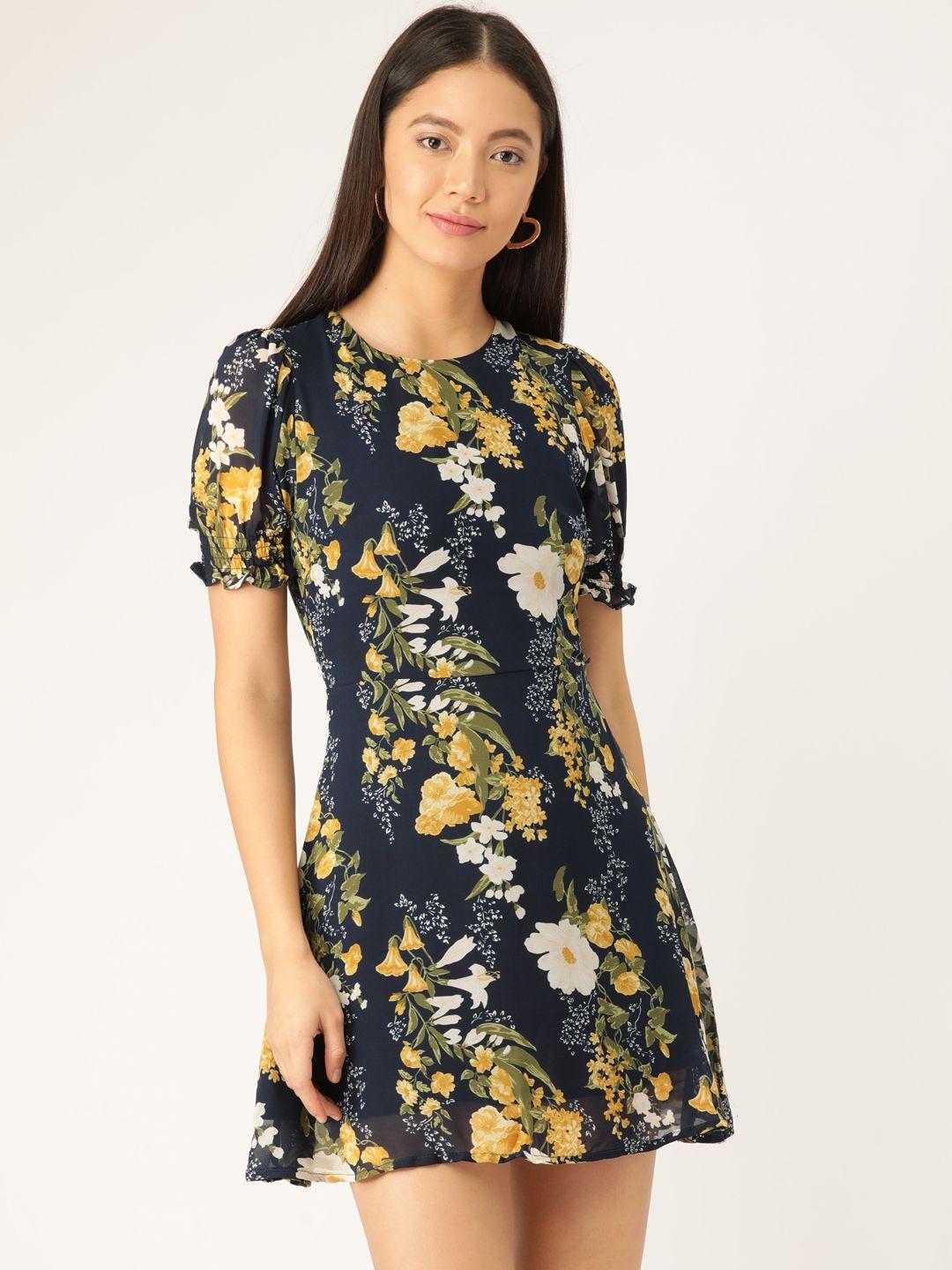 anvi be yourself women navy blue & yellow floral printed semi-sheer a-line dress