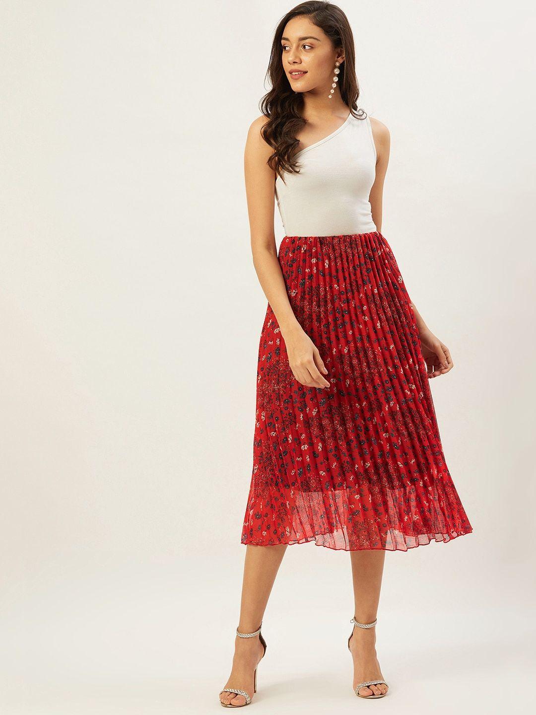 anvi be yourself women red & black printed a-line midi skirt