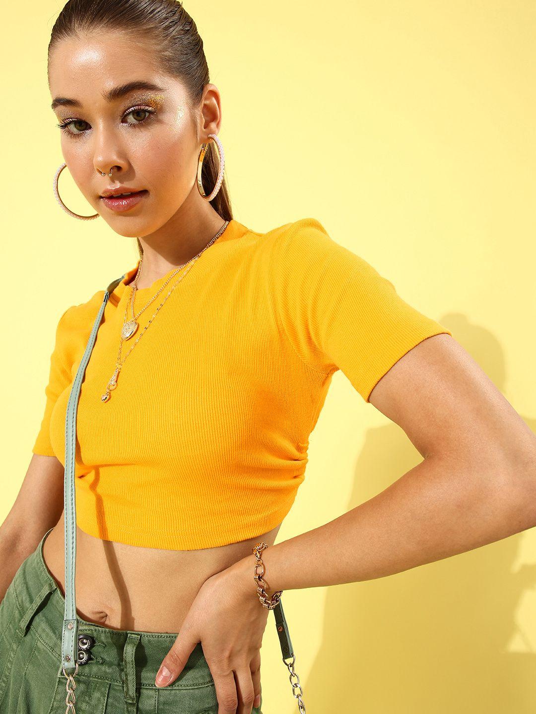 anvi be yourself yellow waist tie-up ribbed crop top