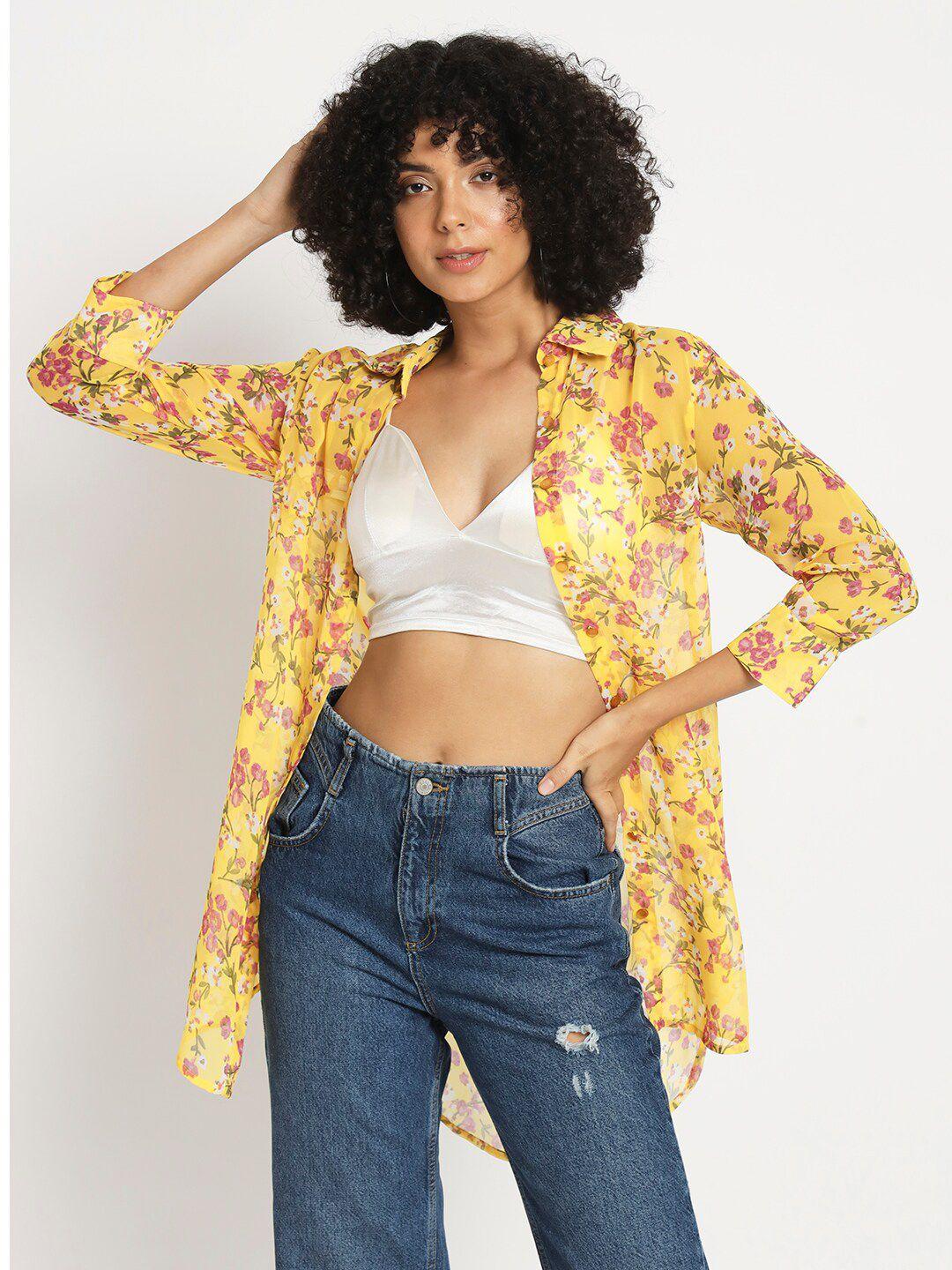 anvi be yourself  yellow cutaway collar floral printed longline tailored fit casual shirt