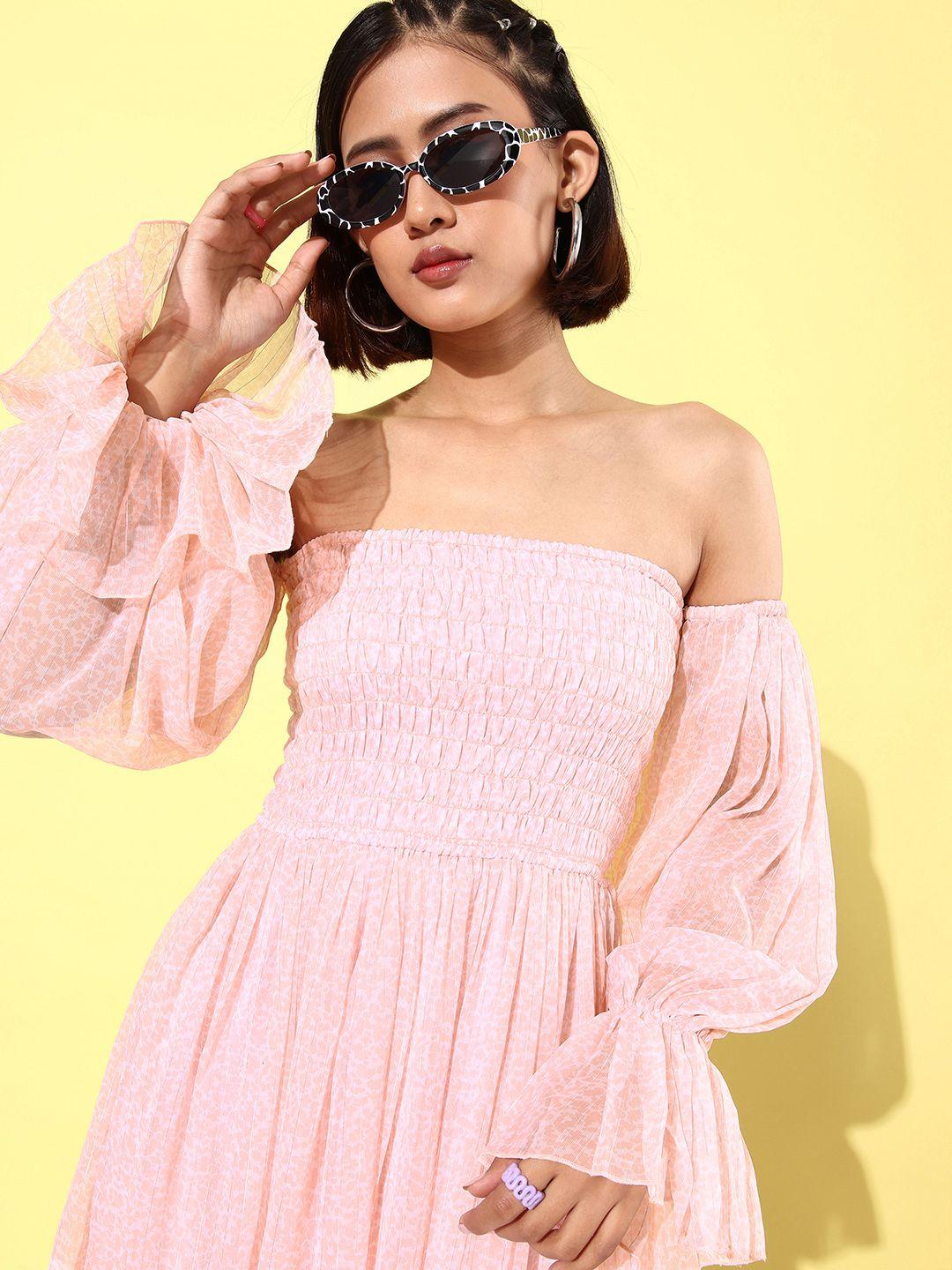 anvi be yourself animal print off-shoulder bell sleeves chiffon fit & flare midi dress