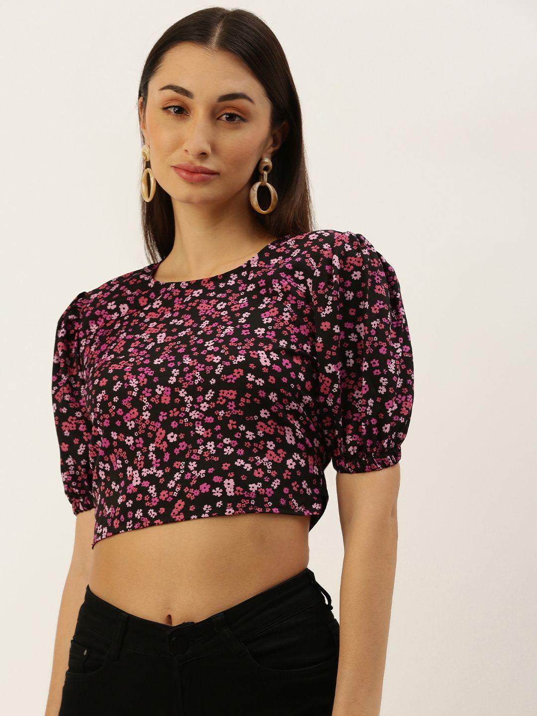 anvi be yourself black & pink floral print puff sleeve bohemian crepe blouson crop top