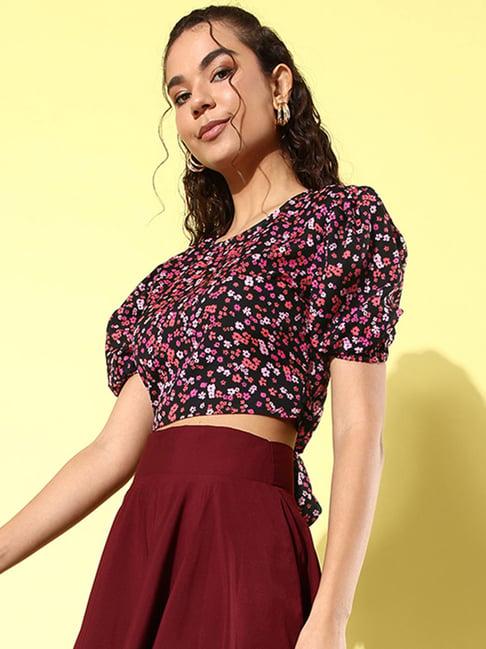 anvi be yourself black floral print crop top