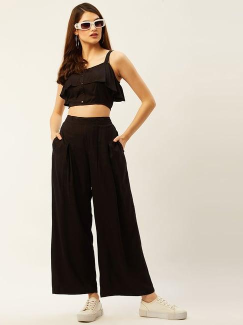 anvi be yourself black scoop neck crop top pants set