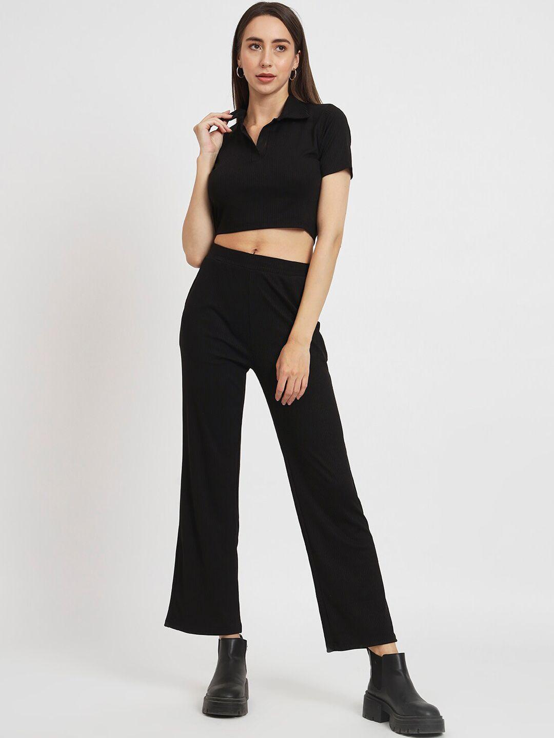 anvi be yourself black shirt-collar crop t-shirt with trousers