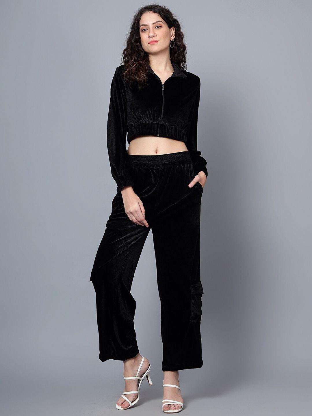 anvi be yourself black shirt collar velvet crop jacket with trousers